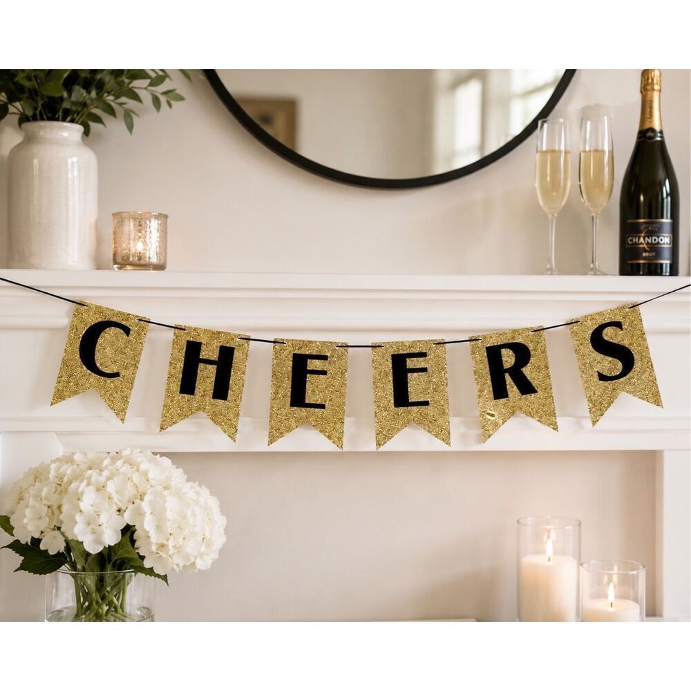NEW YEAR'S 'Black Gold Silver" GLITTER BANNER . CHEERS. 6.5 Ft.